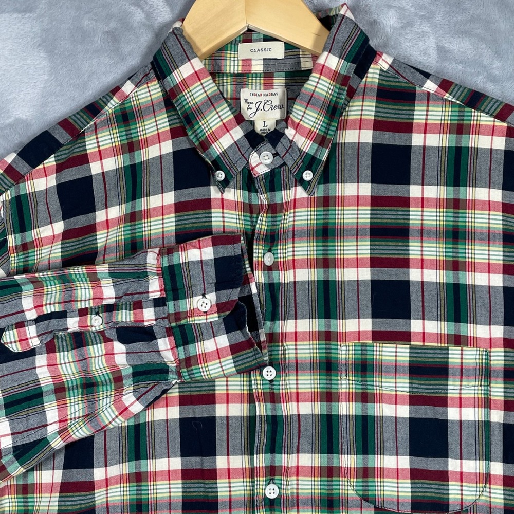 J.Crew Mens Indian Madras Button Down Shirt Large Classic Fit Plaid Multi-Color
